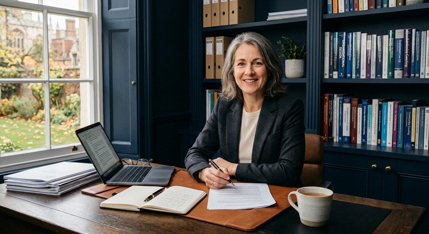 Portrait of the founder of PENRIGHT Consulting in a plain workspace