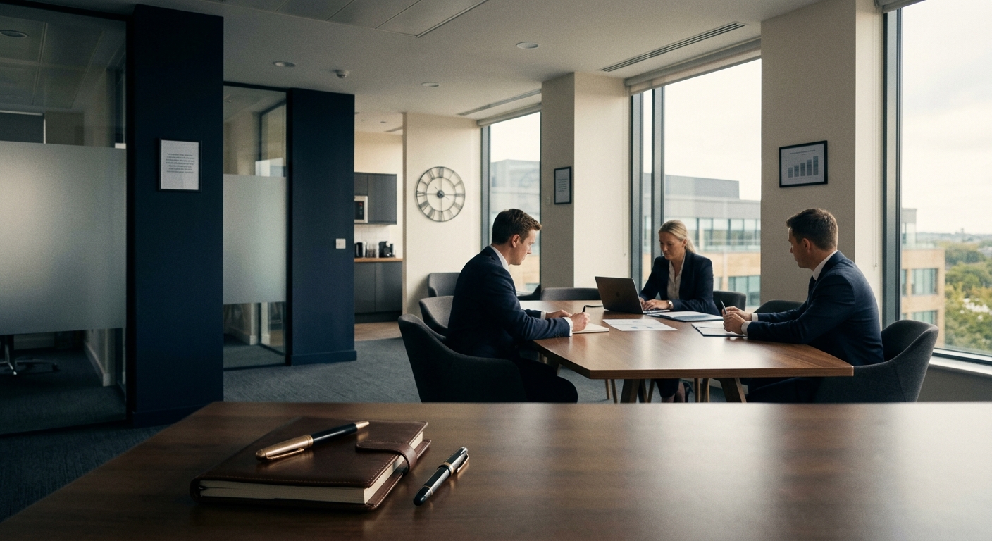 Organisational design plans spread across a table in a bright London office