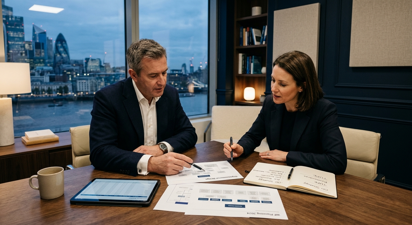 A senior HR consultant reviews organisational design plans in a bright, modern London office space