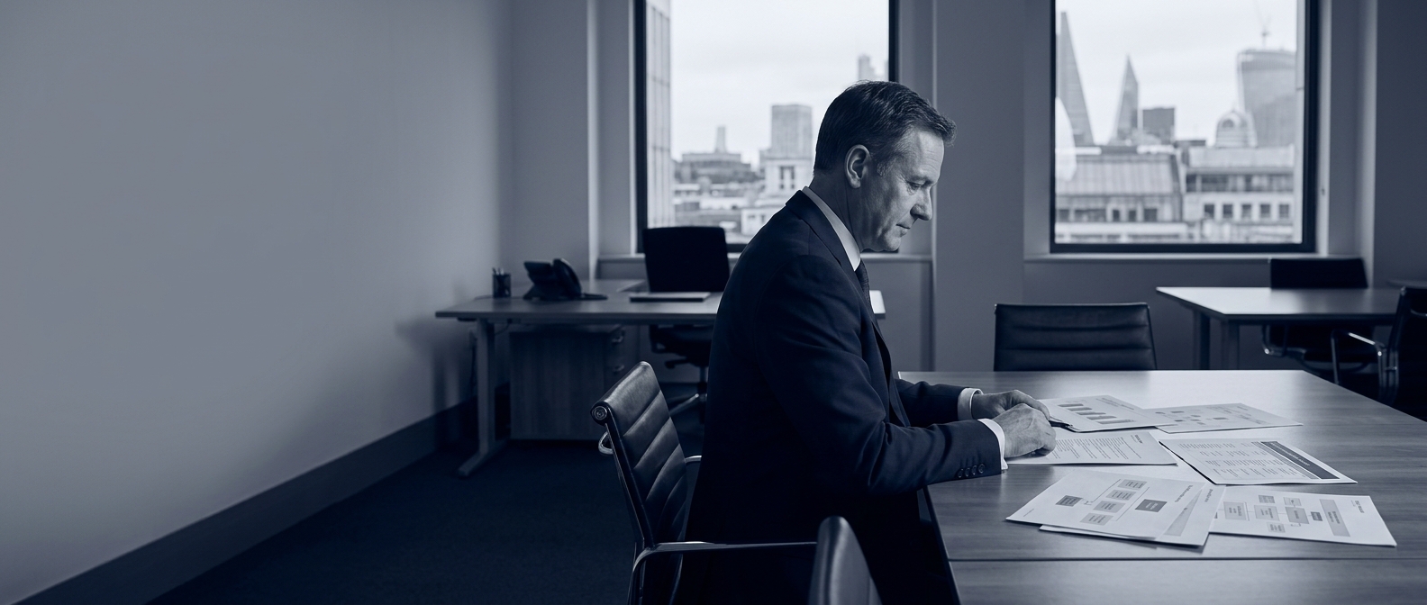 Quiet boardroom overlooking the City, where restructure and workforce planning work is done
