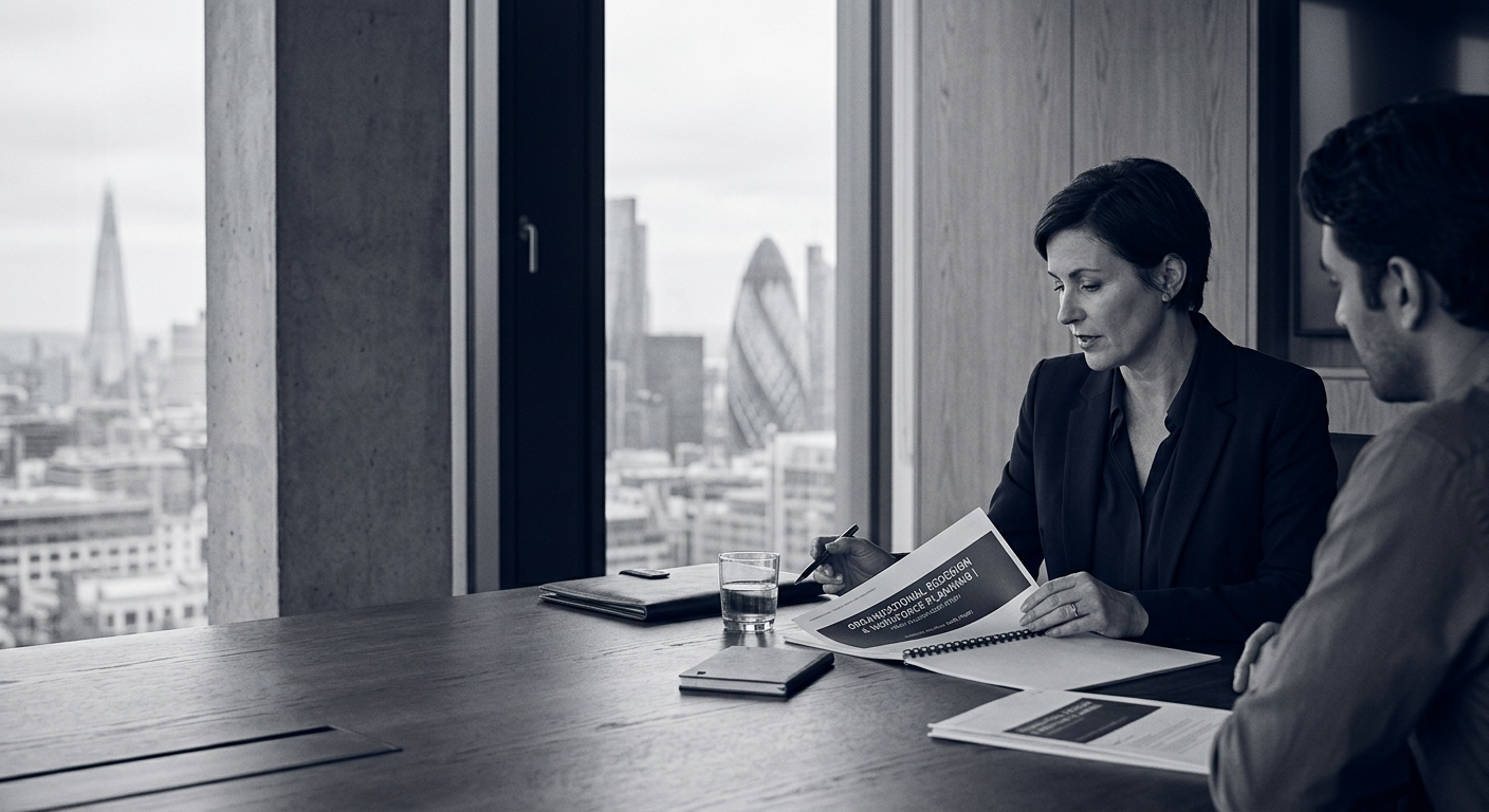 Senior HR consultant at work with a leadership team in London