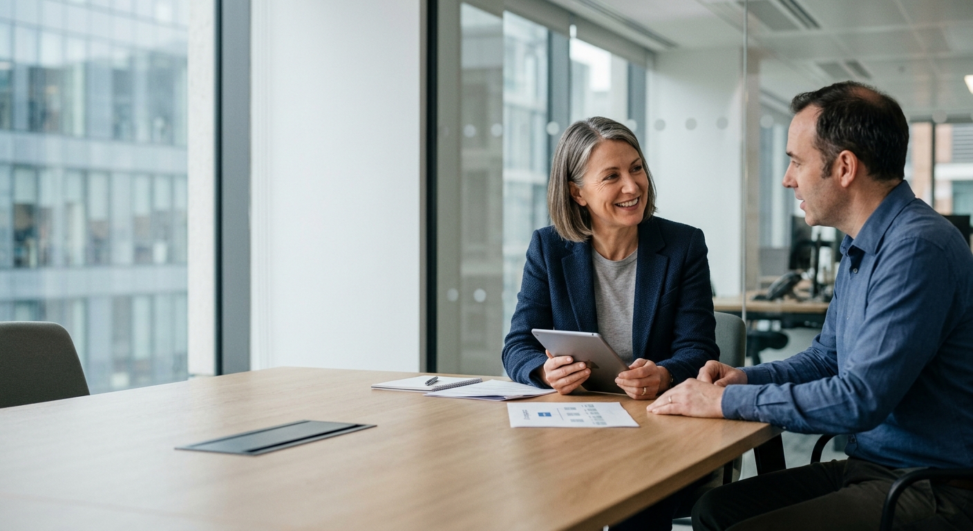HR consultant reviewing a workforce planning roadmap in a London boardroom