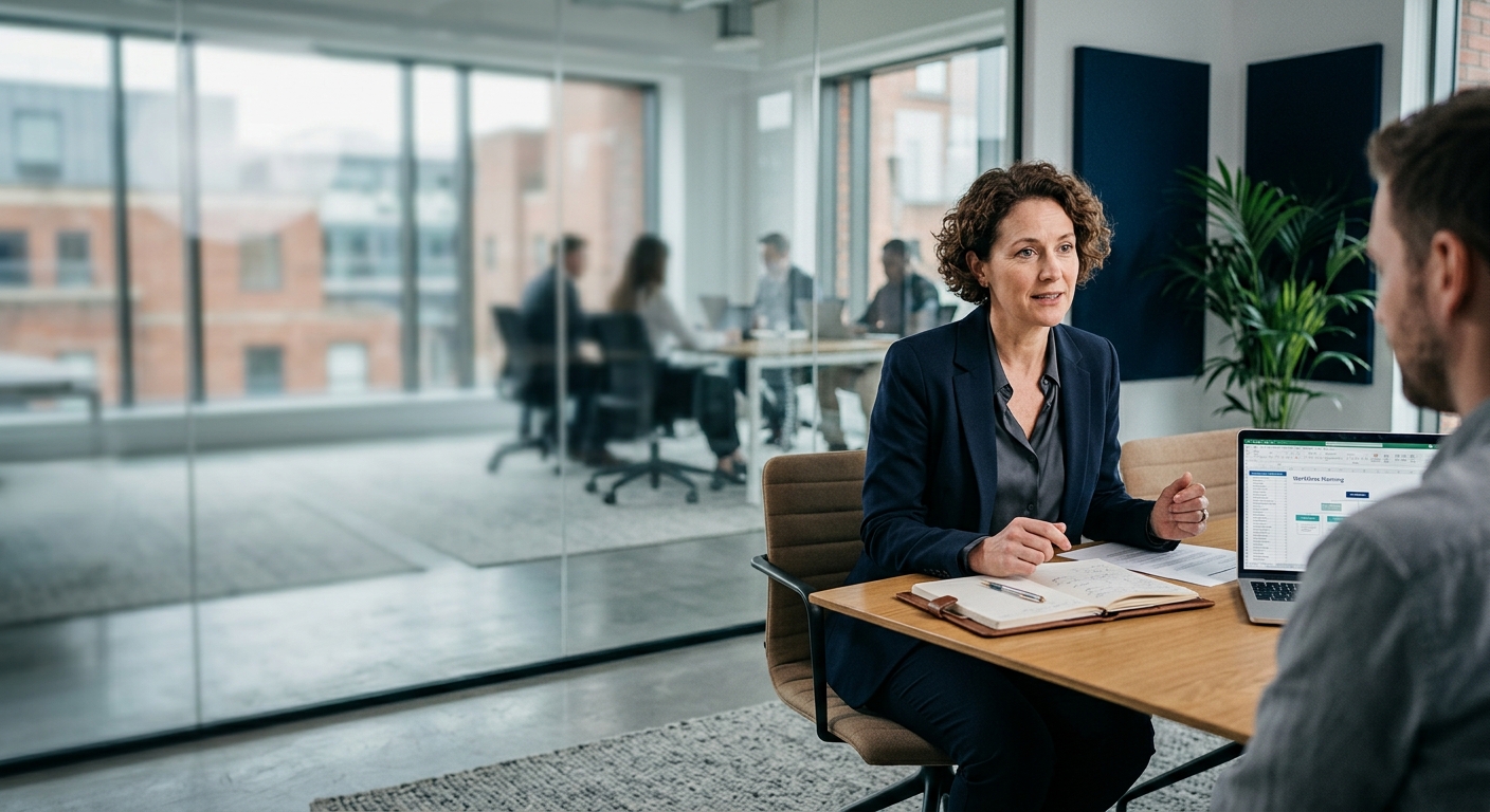 HR consultant reviewing a workforce plan in a London boardroom