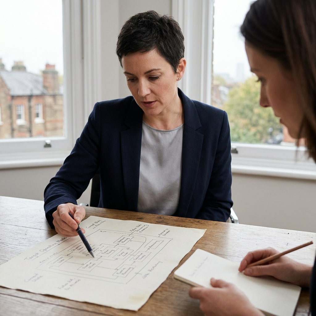 Workforce plan and target operating model documents laid out on a desk