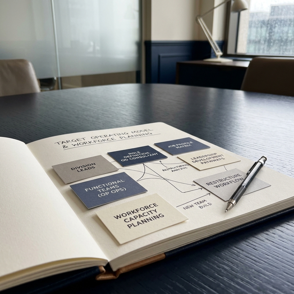 Meeting room table with an organisation chart under review