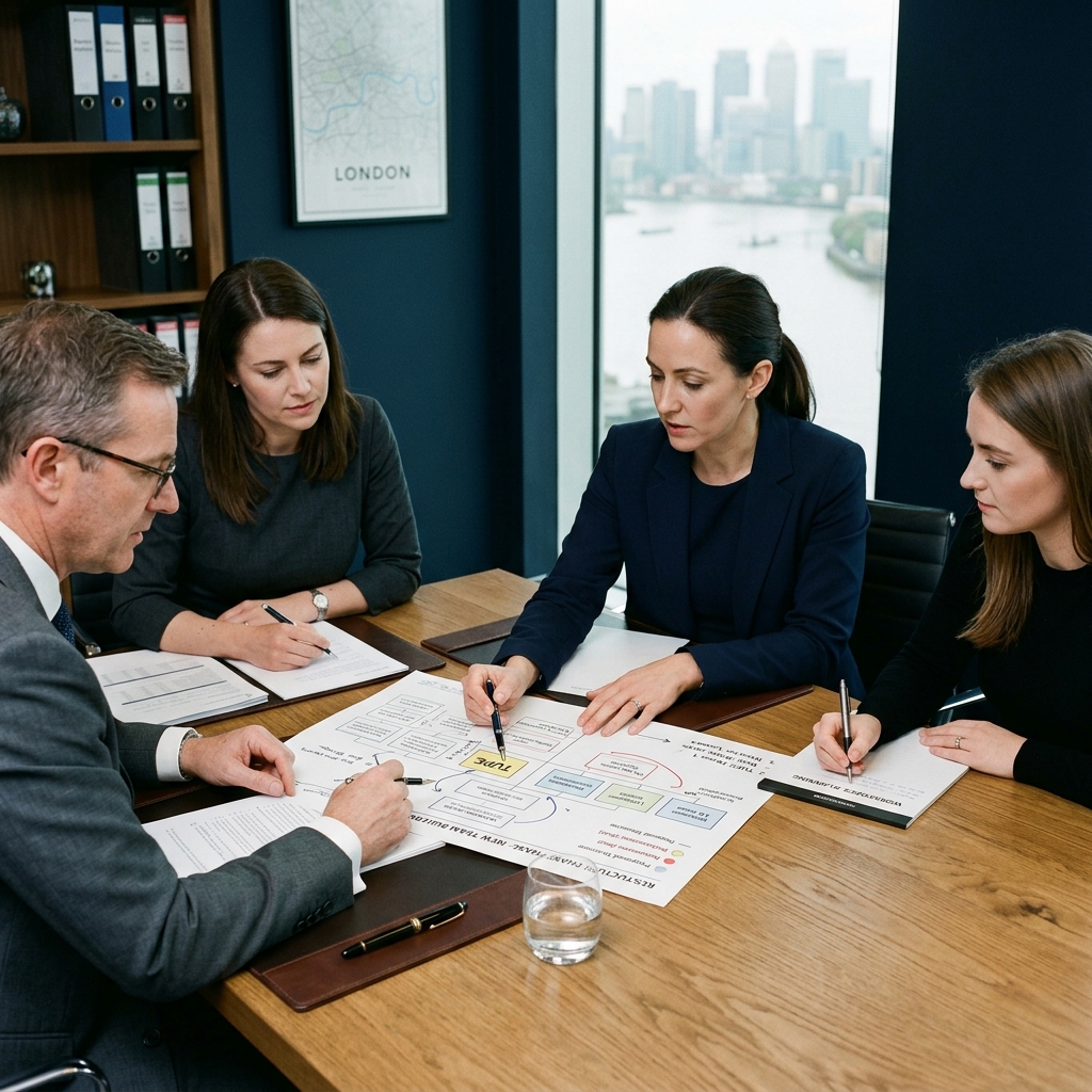 An HR consultant providing clear employment law advice in a modern South East office meeting