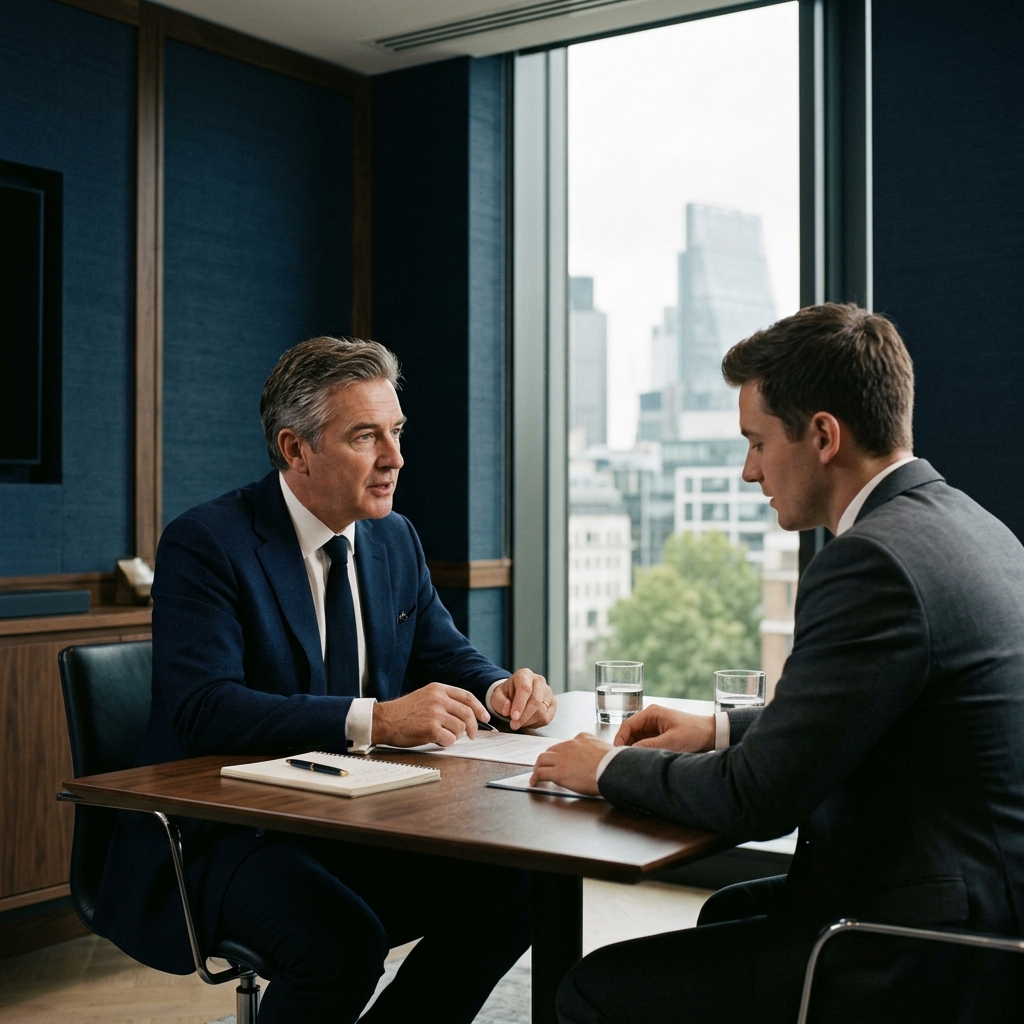 Senior consultant coaching a manager through a difficult conversation in a UK office