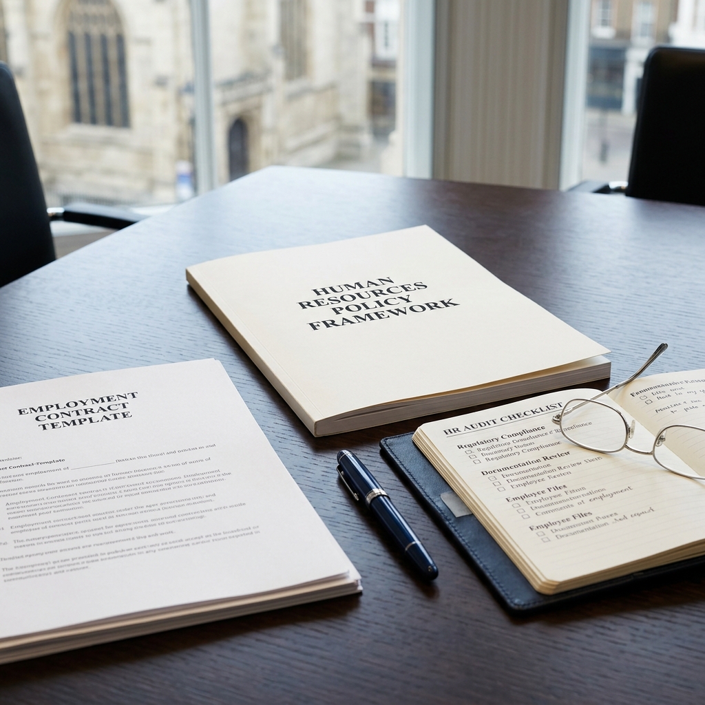 Contracts and a policy handbook stacked on a bare desk