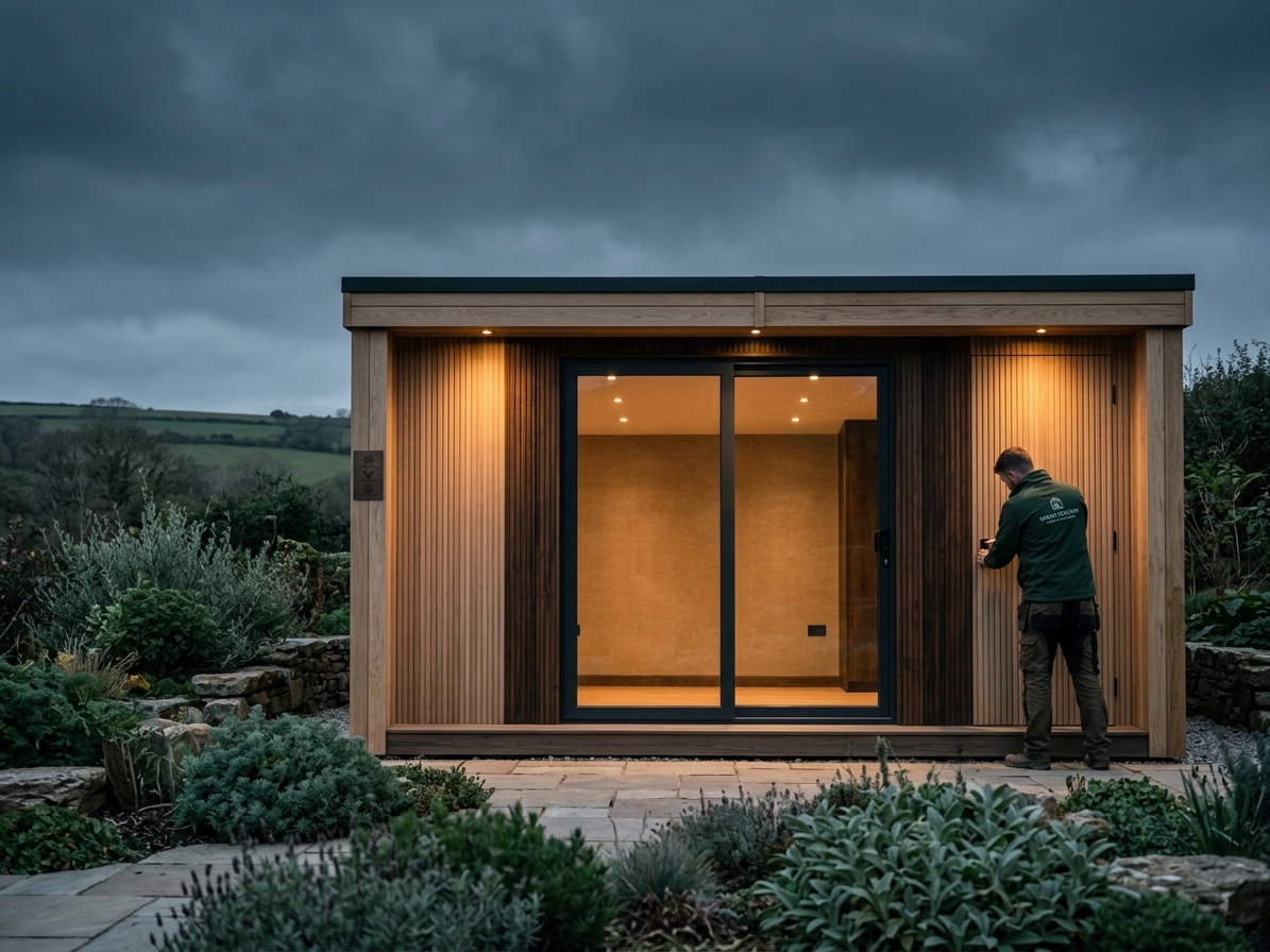 Timber-clad garden room built by Hawksmoor near Minehead, glazed doors open onto a lawn in low evening light