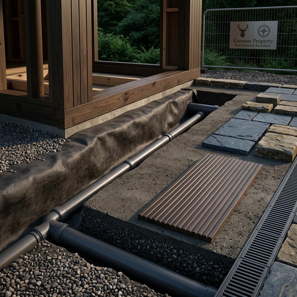 Groundworks and stone paving being laid around a new garden room on a sloping Exmoor plot