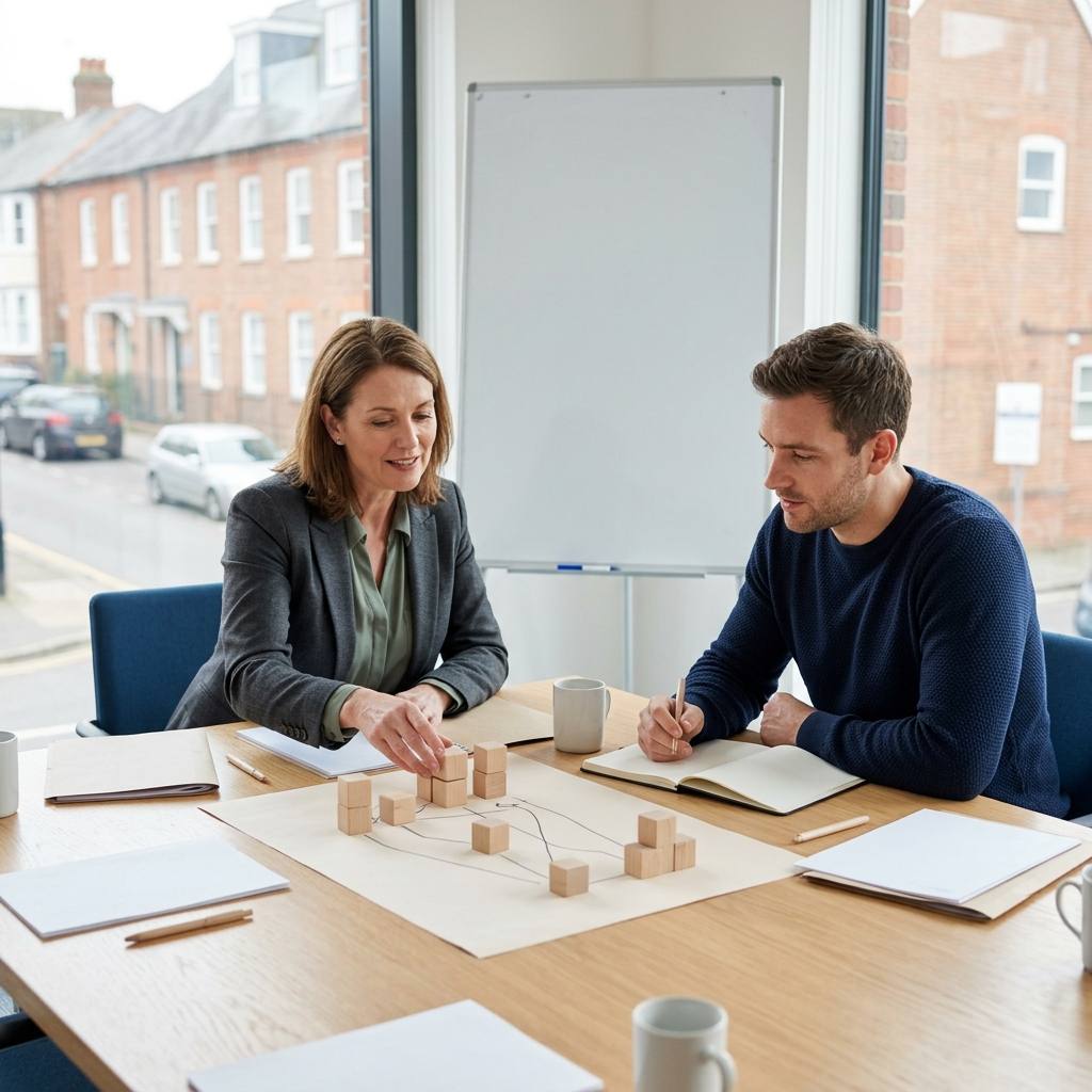 HR consultant mapping a workforce plan with a fintech leadership team in a London office
