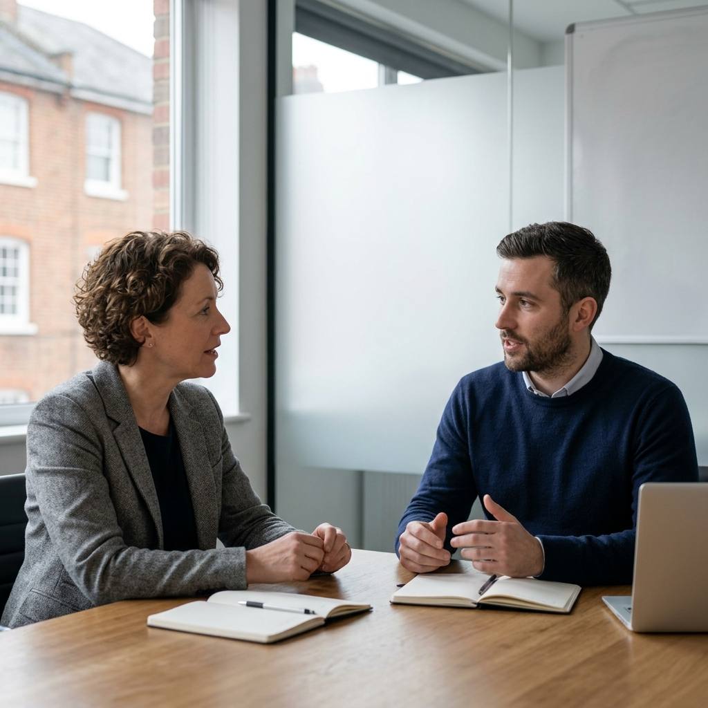 HR consultant leading a one-to-one leadership coaching session with a newly promoted manager in London